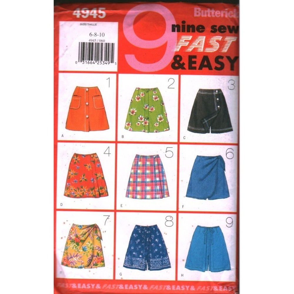 Butterick 4945 Misses Skort Sewing Pattern Size 6-8-10 Fast & Easy 9 Variations